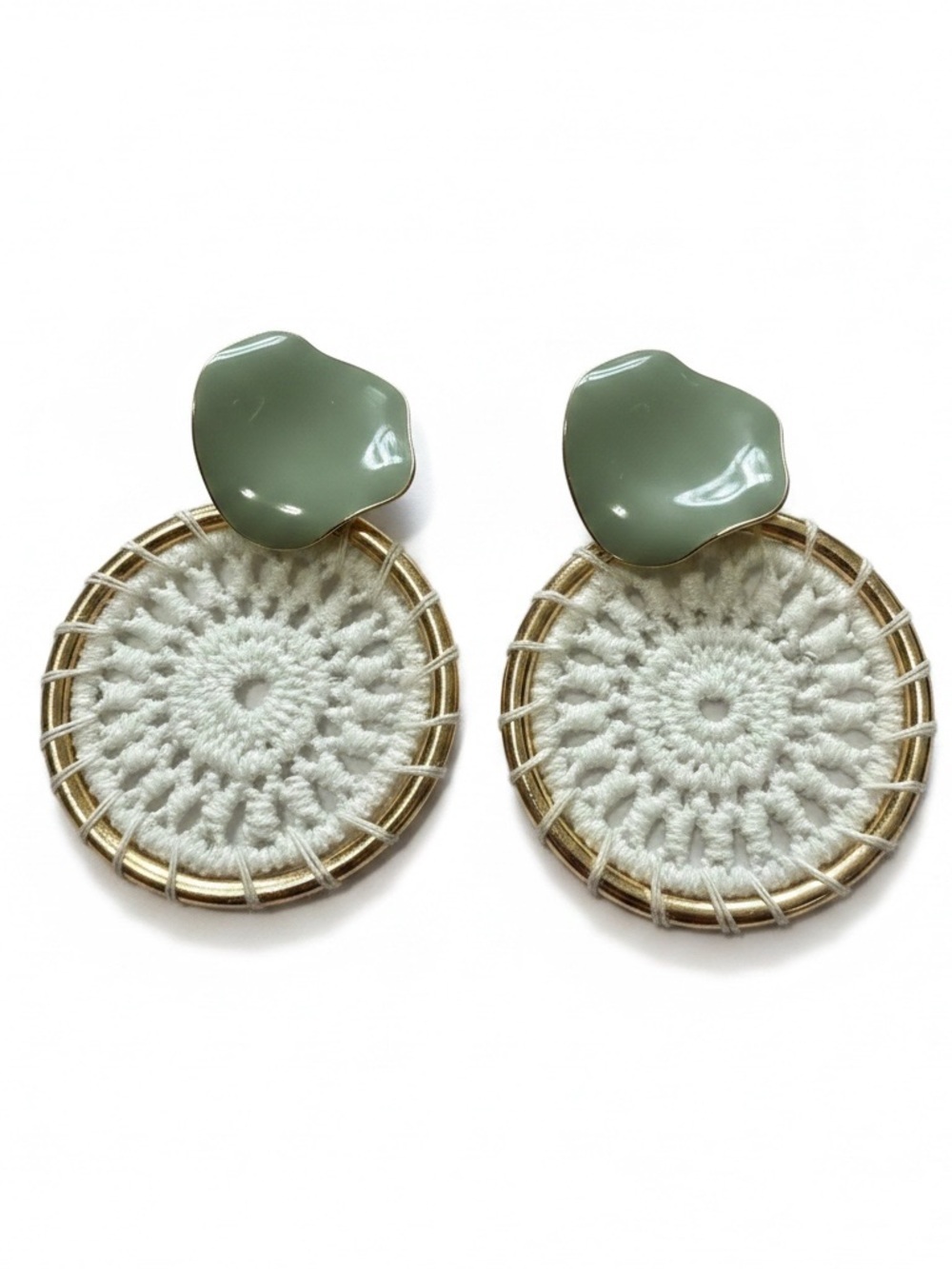 Handmade Cream Crochet & Sage Green Statement Earrings
